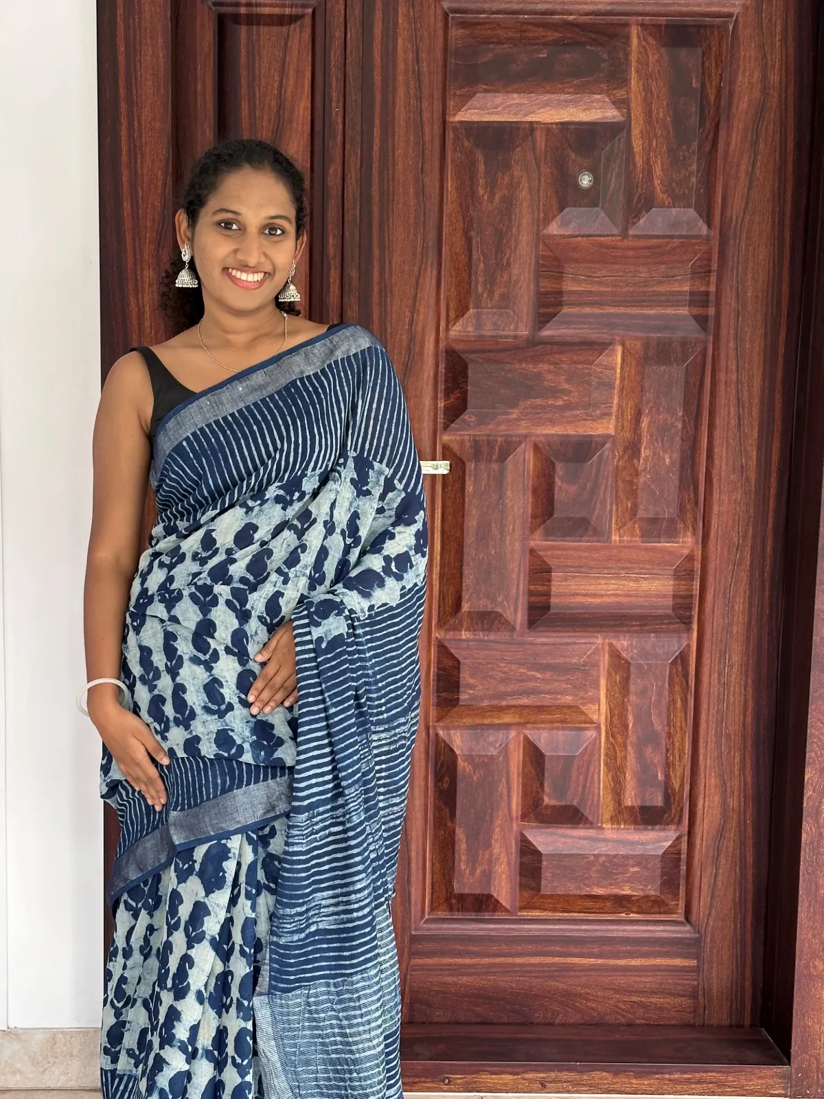 Indigo Blue Hand Blocked Linen Saree Pls005 1